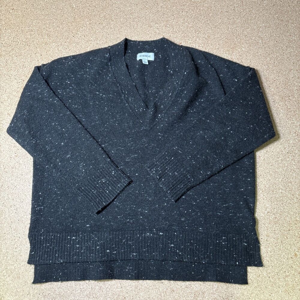 Evereve Womens Large Vneck Sweater Pullover Black Spotted Preppy C1
